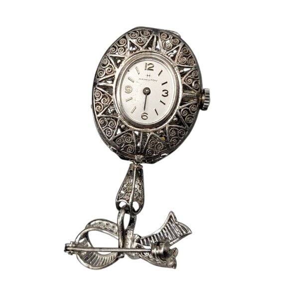 Vintage Hamilton 17J Brooch Watch 800 Silver Filigree Malachite Swiss Runs As-Is - Picture 1 of 11